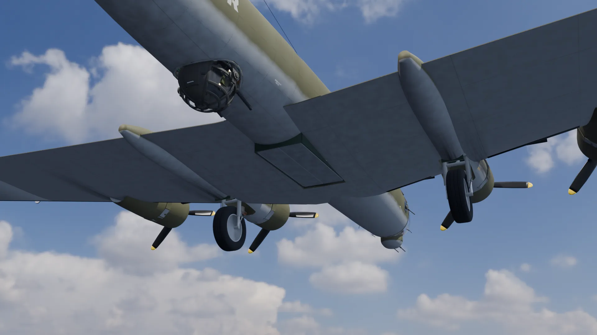 The WWII heavy bomber's turrets, bomb bay and controls, each on its own rig