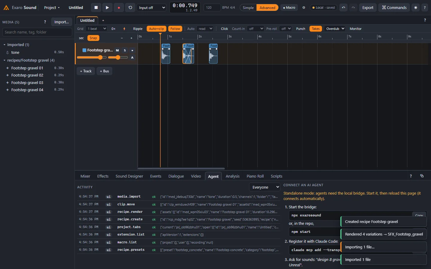 The Agent panel: a live feed of the commands an AI ran, with the steps to connect an MCP client.
