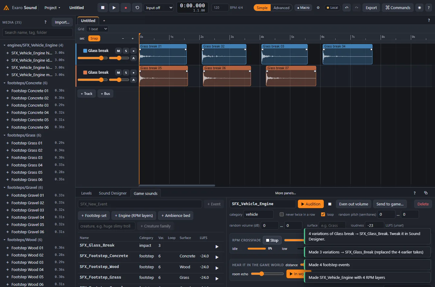 The Game sounds panel listing glass, footstep and vehicle-engine events with their categories, surfaces and loudness.