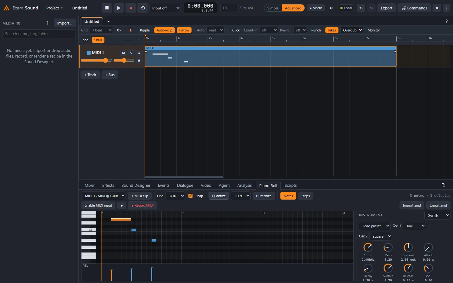 The piano roll with notes, quantize and a two-oscillator synth panel.