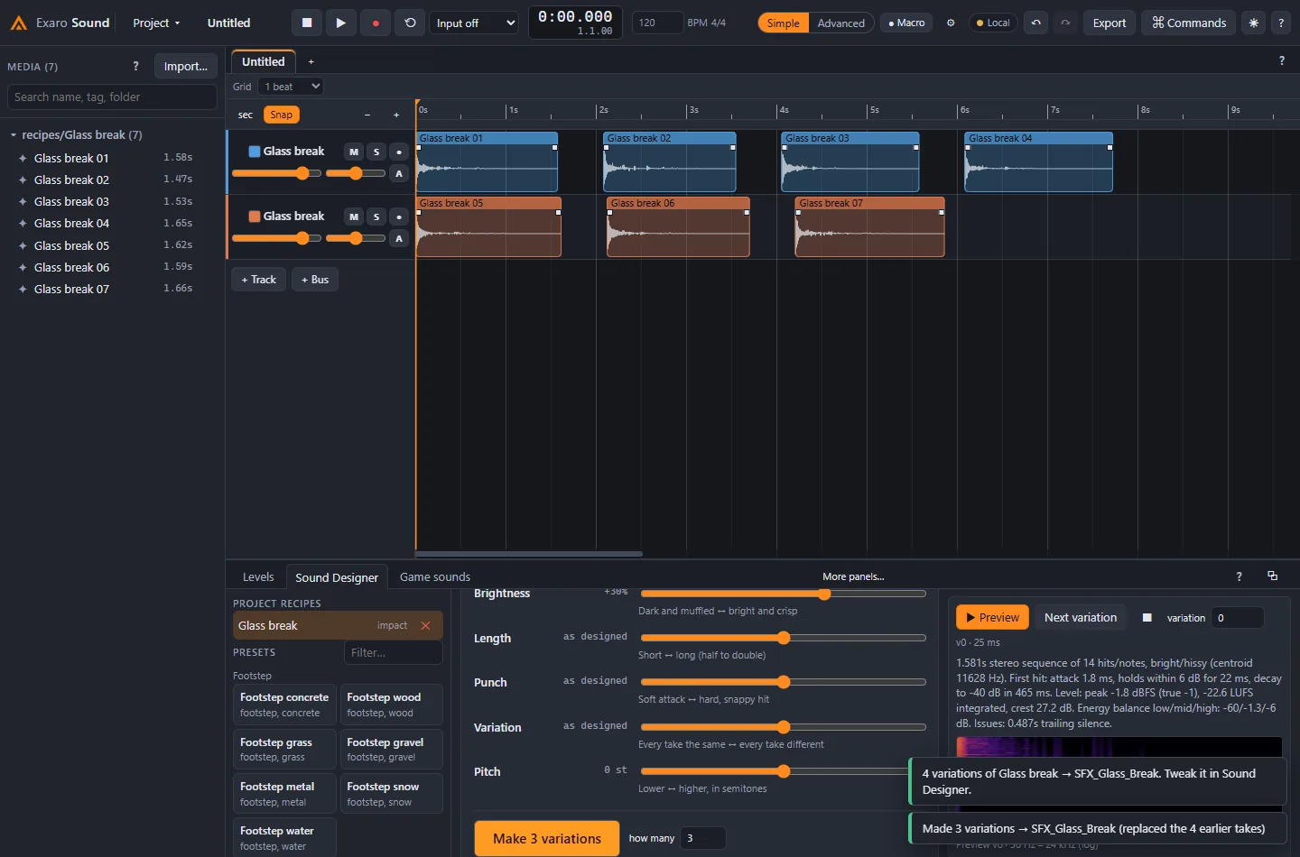The Exaro Sound designer: a glass-break recipe with size, length, punch and pitch sliders, and seven rendered variations on the timeline.