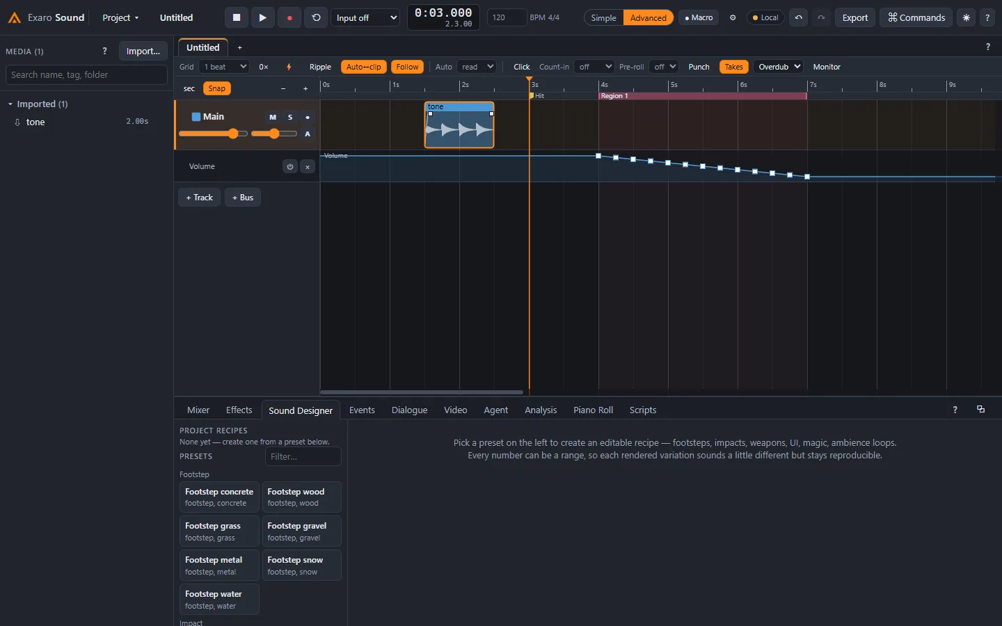 The timeline with a clip and a volume automation lane fading it down.