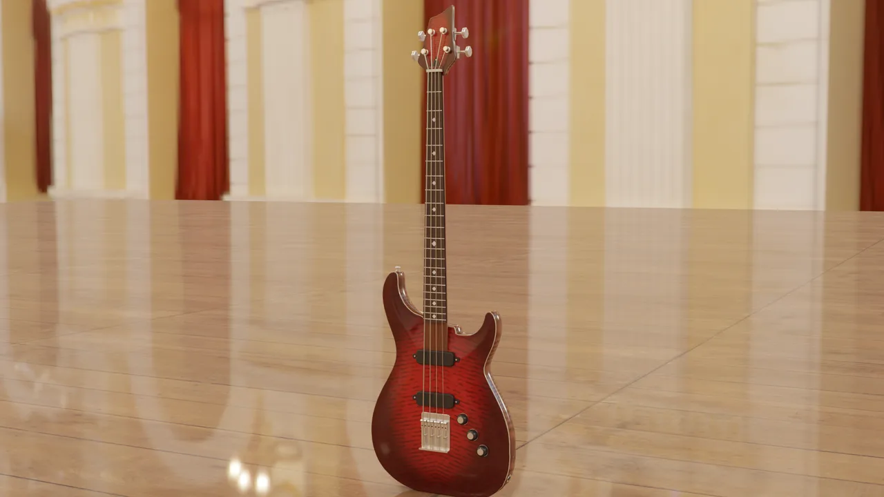 Carved-top bass guitar in a red flame-maple burst.