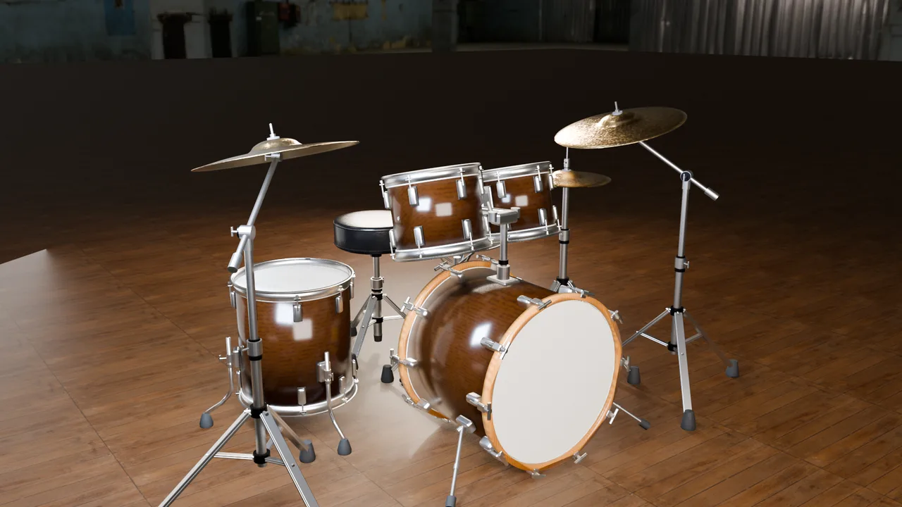 Five-piece drum kit set up to play on a wooden stage.