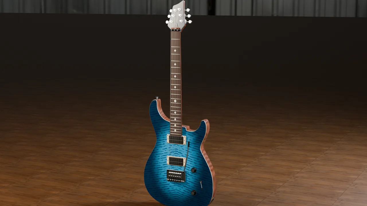 Carved-top electric guitar in a blue flame-maple burst.