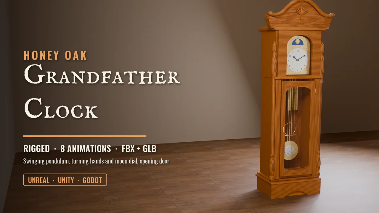 Honey oak grandfather clock with a glazed trunk door.