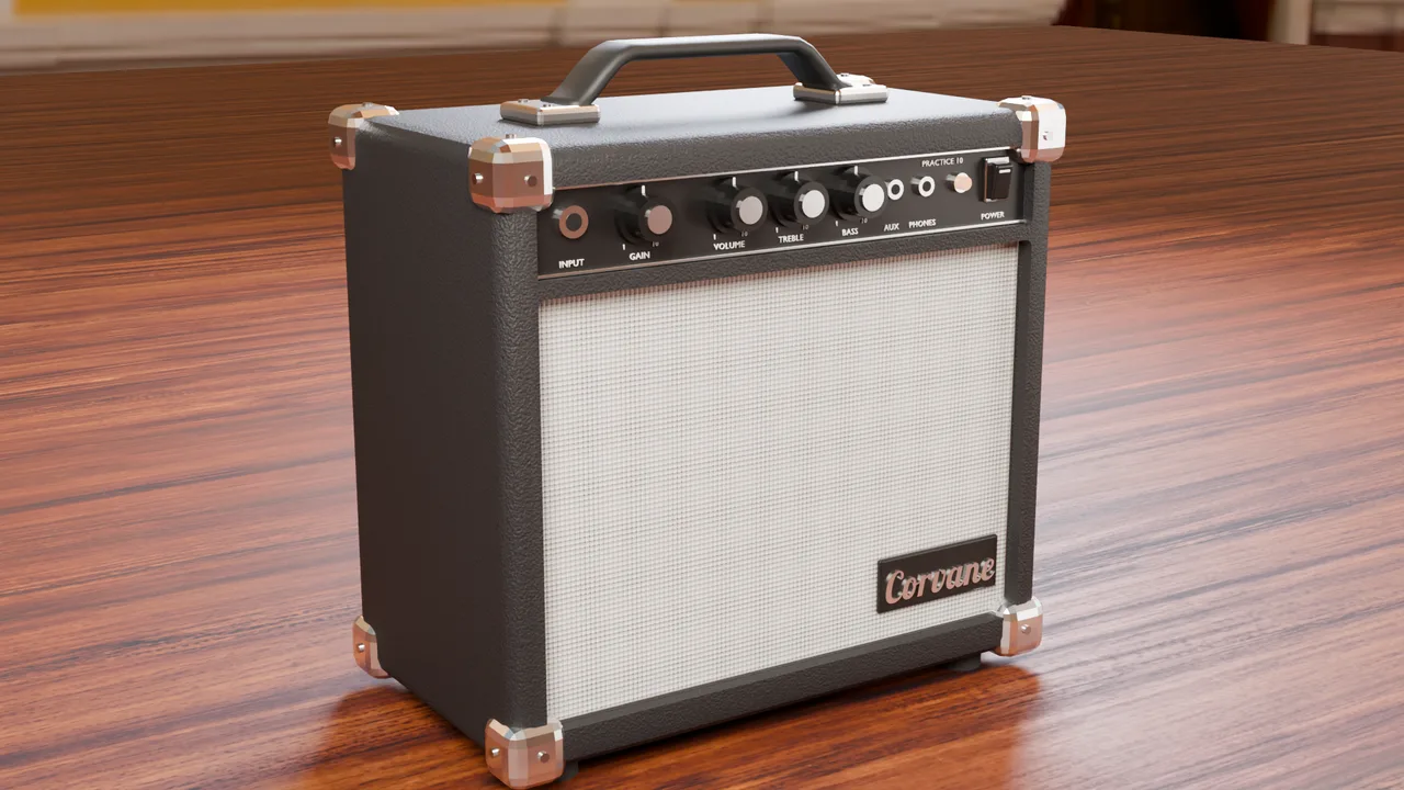 Practice guitar amp in pebble-grain tolex with chrome corners.