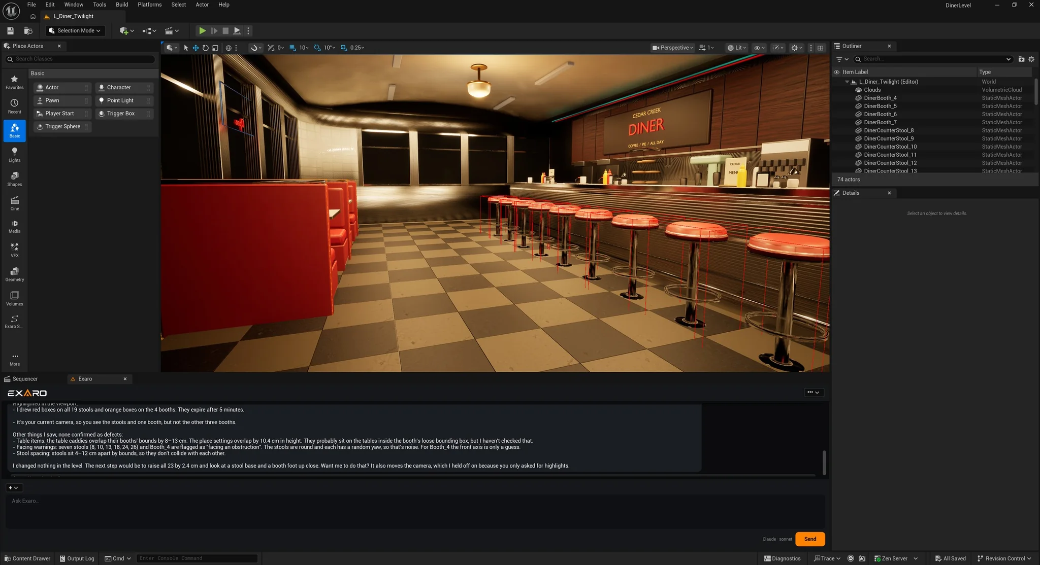The Exaro panel in Unreal checking a diner level, with debug boxes around the counter stools