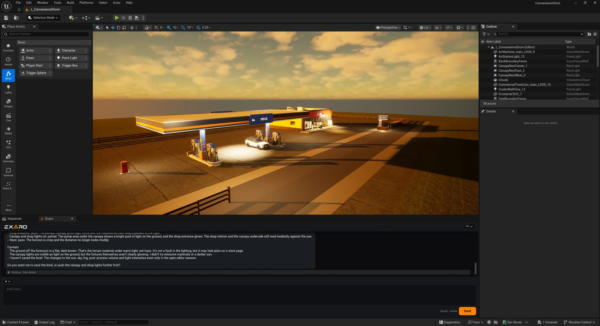 Claude in the Exaro panel inside Unreal Engine, lighting a gas station level at golden hour.